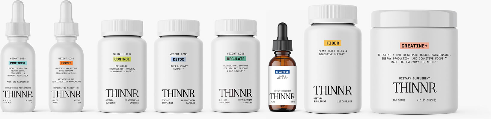 THINNR product range including Protocol, Boost, Control, Detox, Regulate, B-Active, Fiber, and Creatine Plus